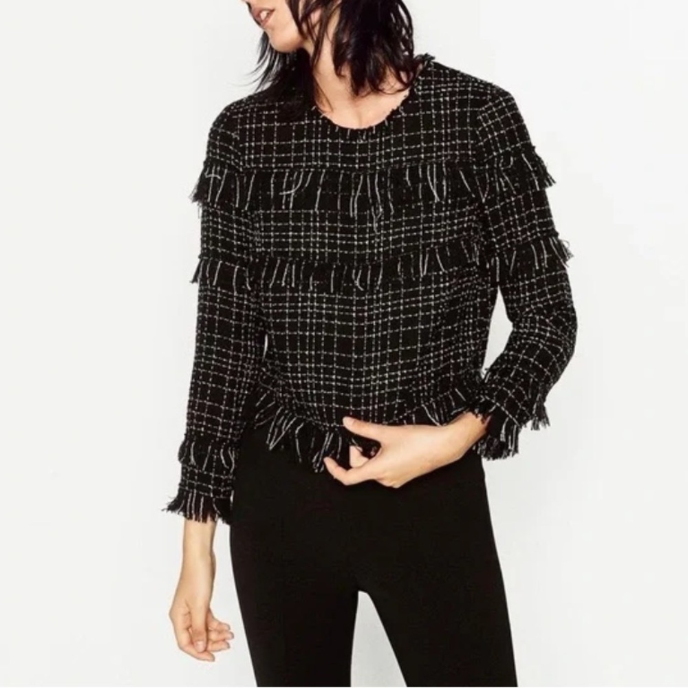 Zara Tweed Textured Long Sleeved Career Preppy Top Size XS